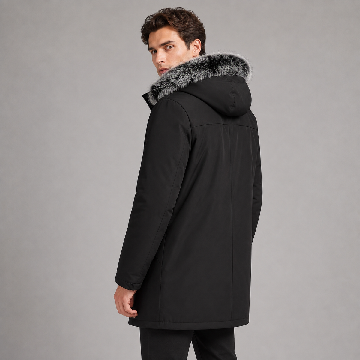 Herren Winterparka lang mit Fleecefutter und Kunstfellkapuze