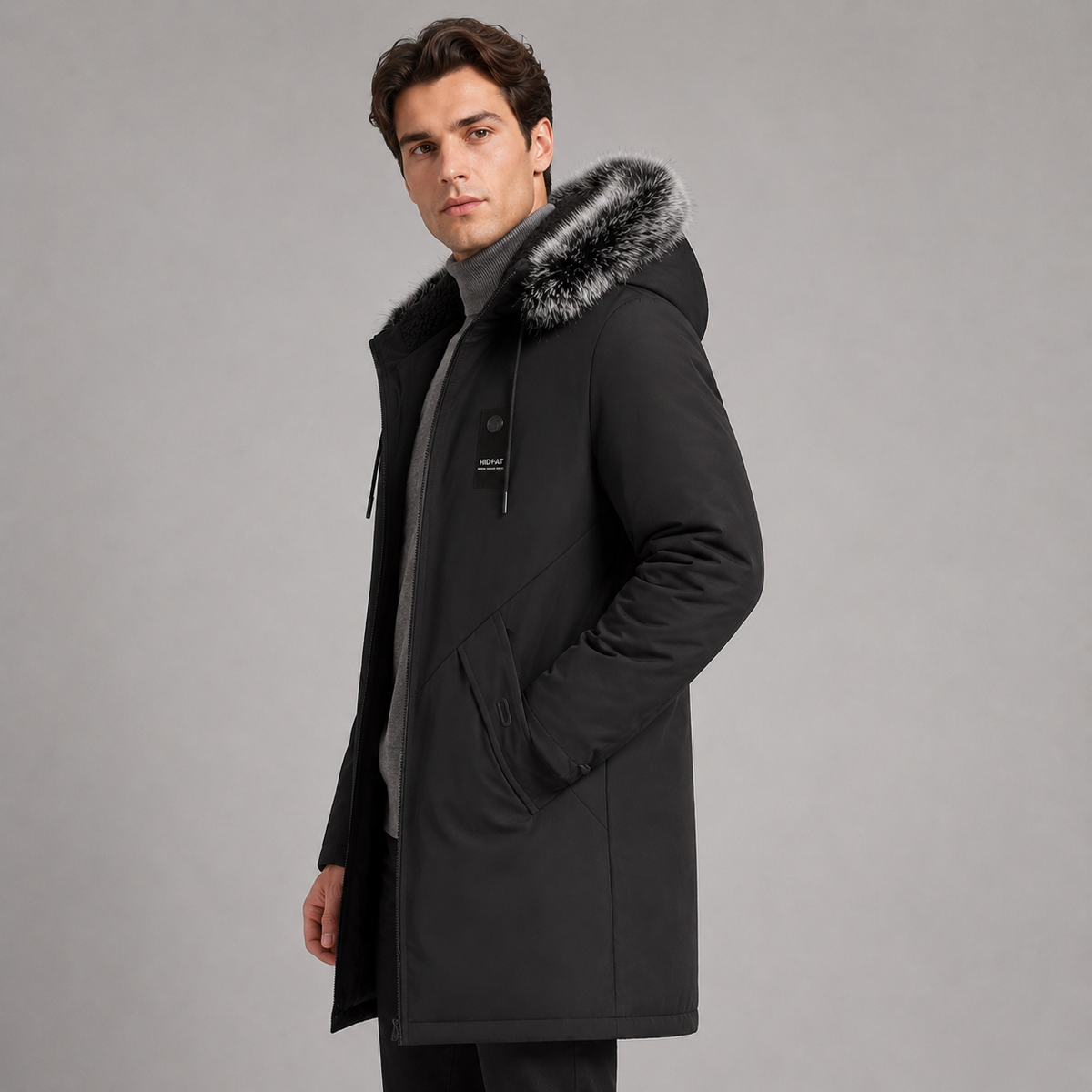 Herren Winterparka lang mit Fleecefutter und Kunstfellkapuze