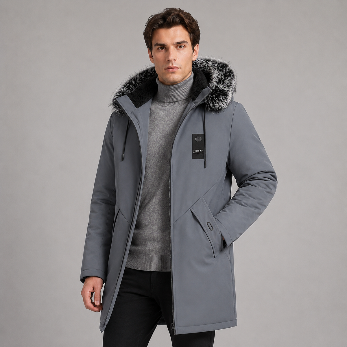 Herren Winterparka lang mit Fleecefutter und Kunstfellkapuze