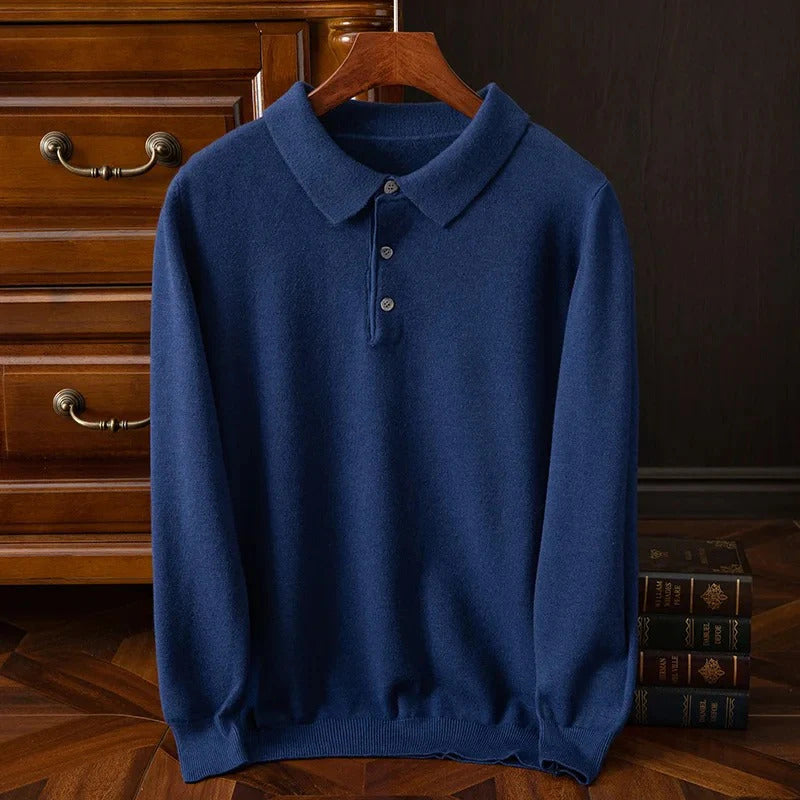 Herren Poloshirt-Pullover mit 3-Knopf-Leiste und langen Ärmeln