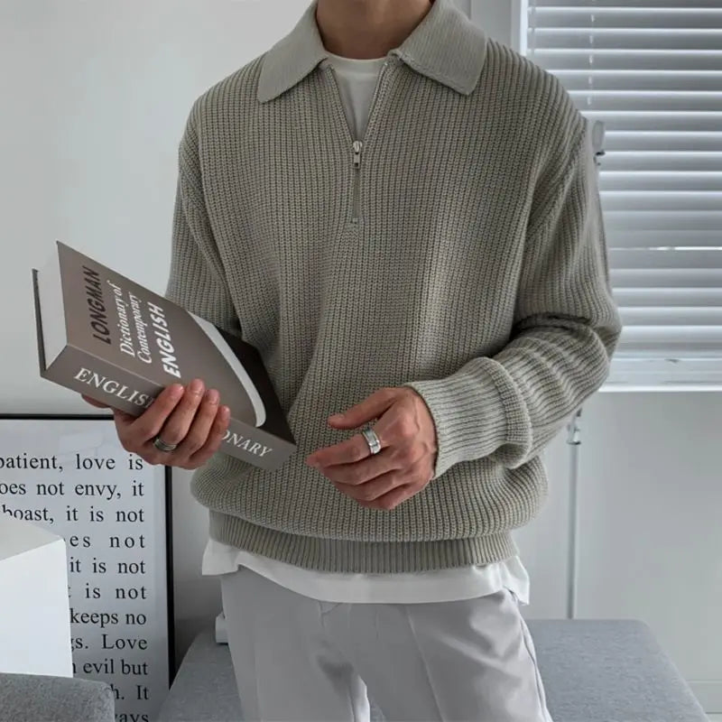 Herren Pullover mit Reißverschlusskragen und strukturierter Strickoptik