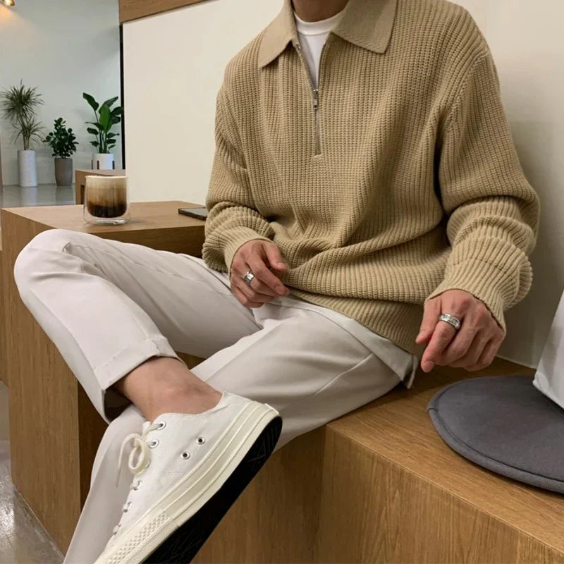Herren Pullover mit Reißverschlusskragen und strukturierter Strickoptik