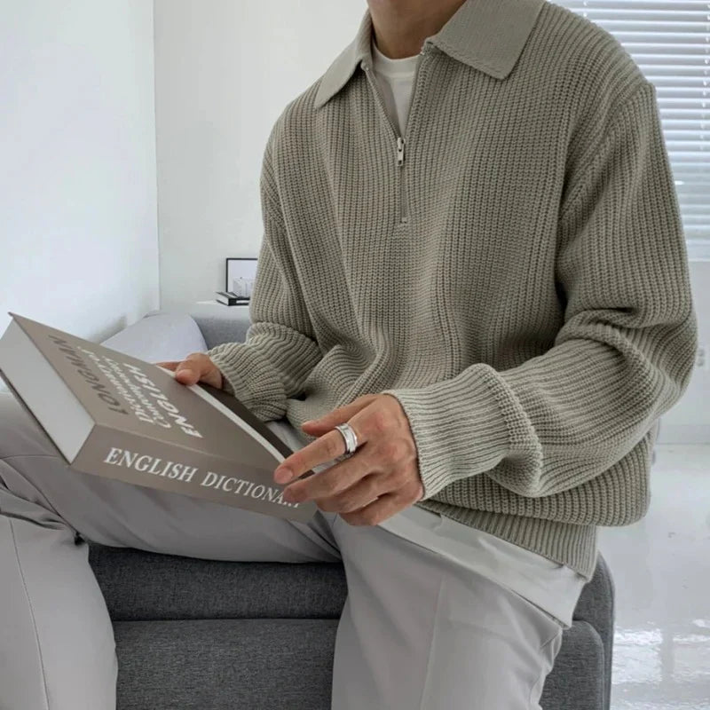 Herren Pullover mit Reißverschlusskragen und strukturierter Strickoptik