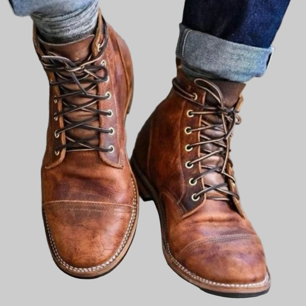 Herren Schnürstiefel aus PU-Leder mit robuster Gummisohle