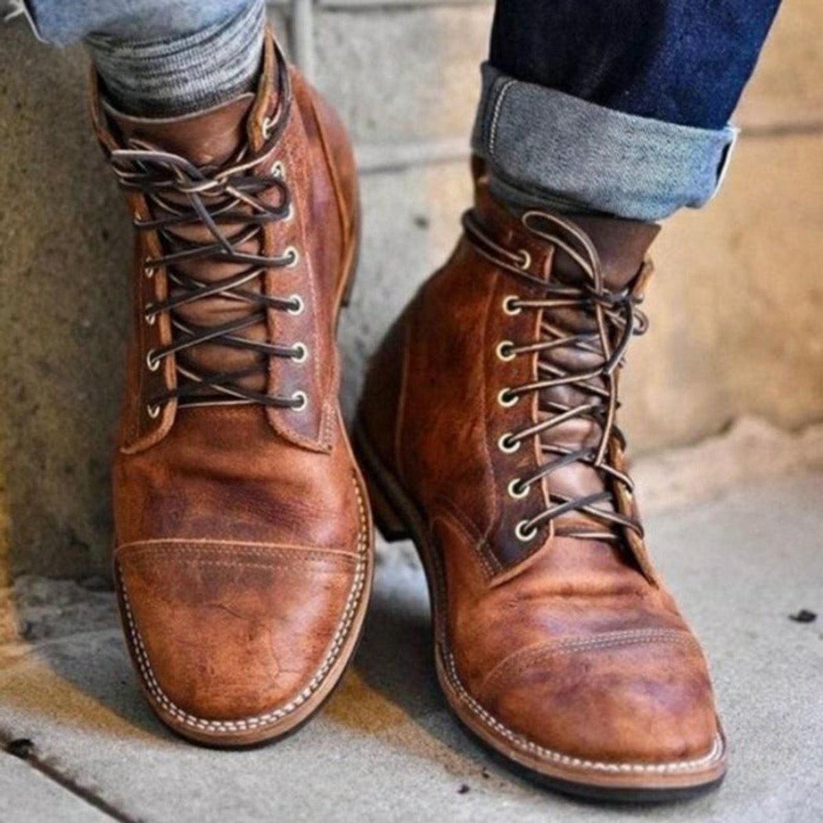 Herren Schnürstiefel aus PU-Leder mit robuster Gummisohle