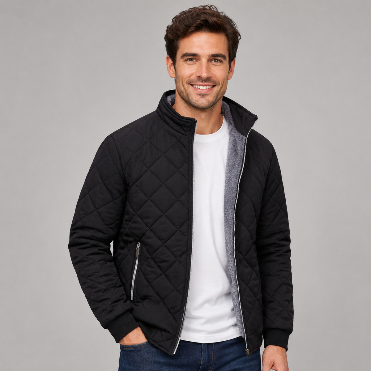 Herren Winter Steppjacke mit Rautensteppung und Teddyfutter – Stehkragen