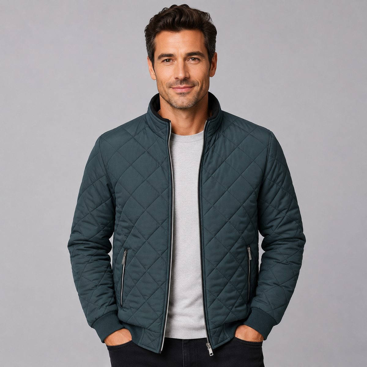 Herren Winter Steppjacke mit Rautensteppung und Teddyfutter – Stehkragen
