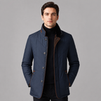 Herren Business Steppjacke mit Wildleder-Details und Knopfleiste – warme Winterjacke mit Fellkragen