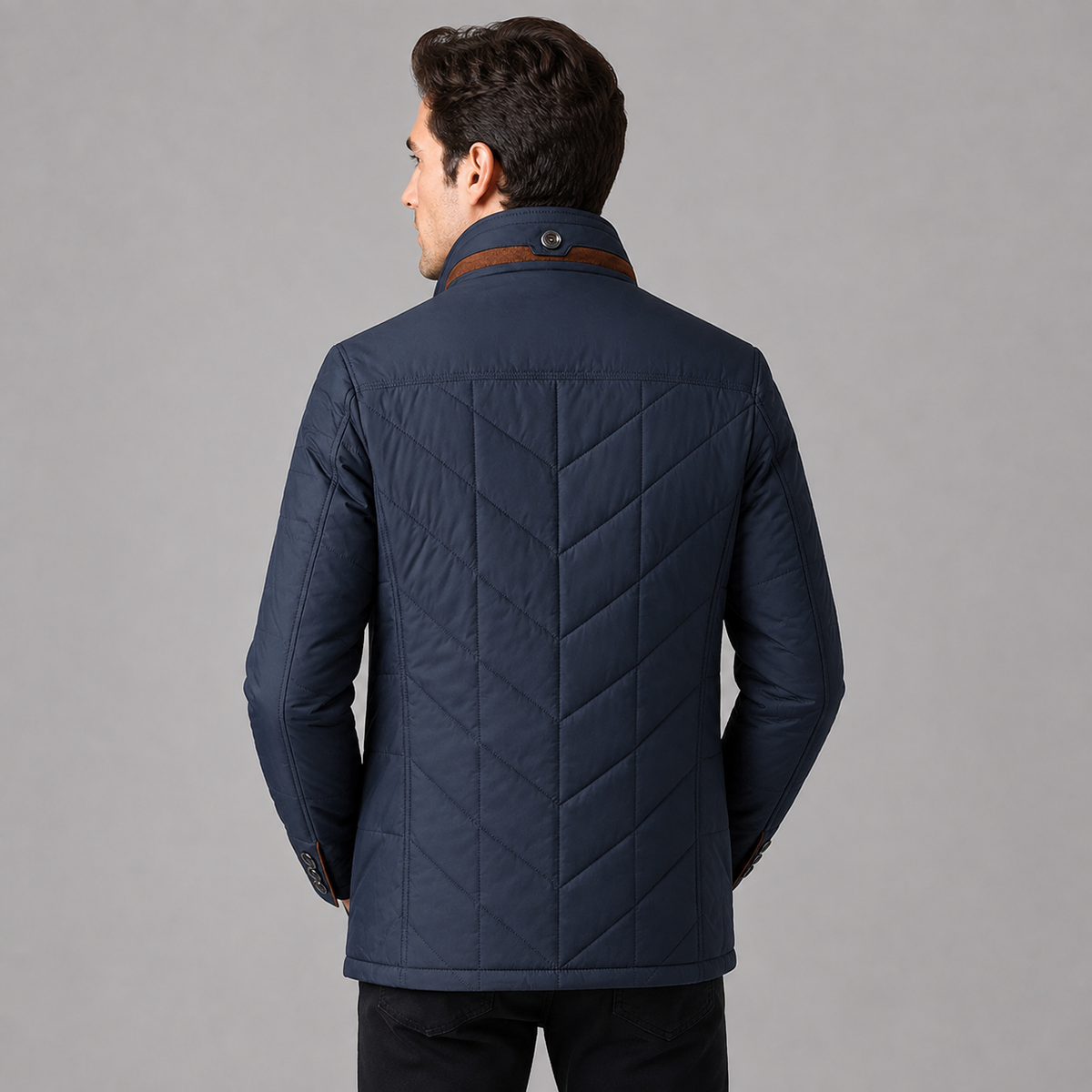 Herren Business Steppjacke mit Wildleder-Details und Knopfleiste – warme Winterjacke mit Fellkragen