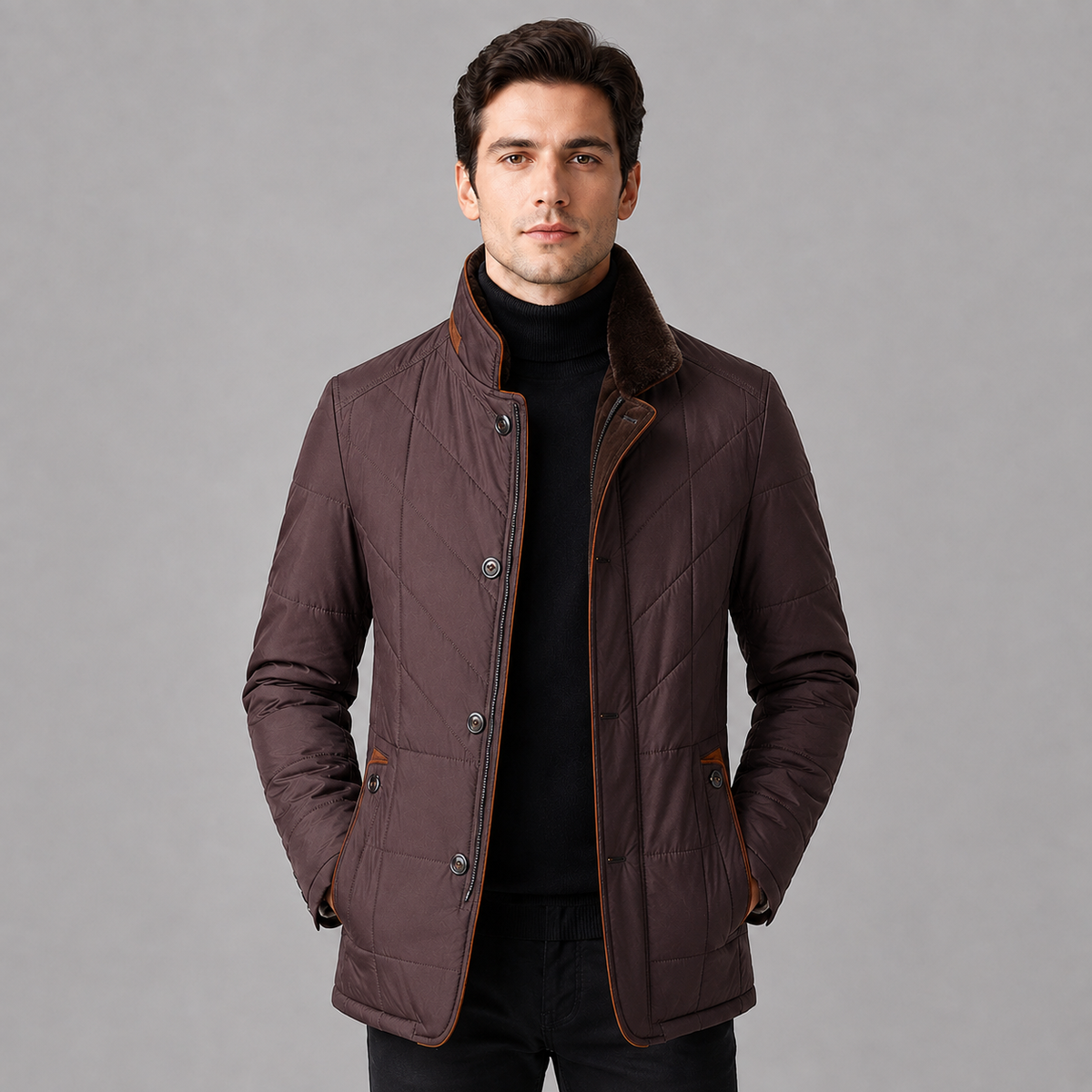 Herren Business Steppjacke mit Wildleder-Details und Knopfleiste – warme Winterjacke mit Fellkragen