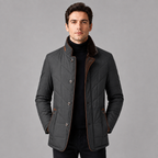Herren Business Steppjacke mit Wildleder-Details und Knopfleiste – warme Winterjacke mit Fellkragen