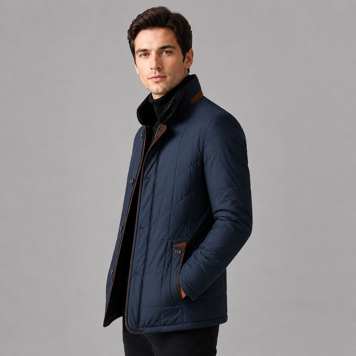 Herren Business Steppjacke mit Wildleder-Details und Knopfleiste – warme Winterjacke mit Fellkragen