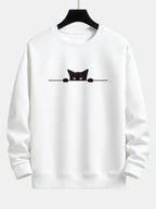 Herren Sweatshirt mit Rundhalsausschnitt und Katzenmotiv