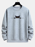 Herren Sweatshirt mit Rundhalsausschnitt und Katzenmotiv