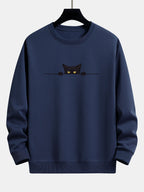 Herren Sweatshirt mit Rundhalsausschnitt und Katzenmotiv