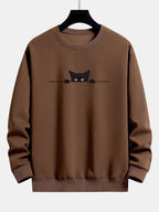Herren Sweatshirt mit Rundhalsausschnitt und Katzenmotiv