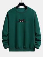 Herren Sweatshirt mit Rundhalsausschnitt und Katzenmotiv