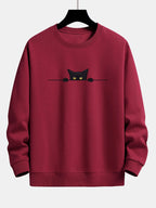 Herren Sweatshirt mit Rundhalsausschnitt und Katzenmotiv