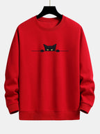 Herren Sweatshirt mit Rundhalsausschnitt und Katzenmotiv
