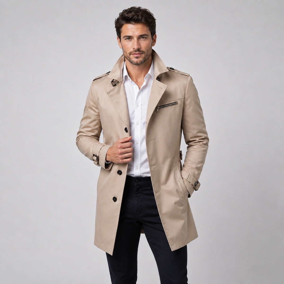 Herren Trenchcoat Slim Fit – eleganter Übergangsmantel mit Schulterklappen und Ärmelriegeln