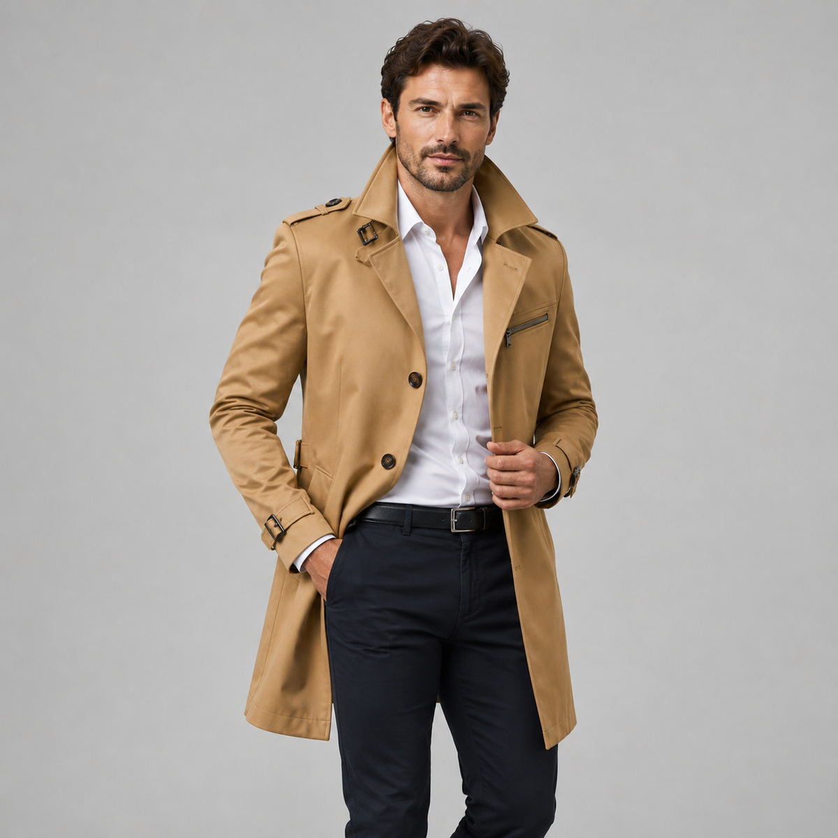 Herren Trenchcoat Slim Fit – eleganter Übergangsmantel mit Schulterklappen und Ärmelriegeln