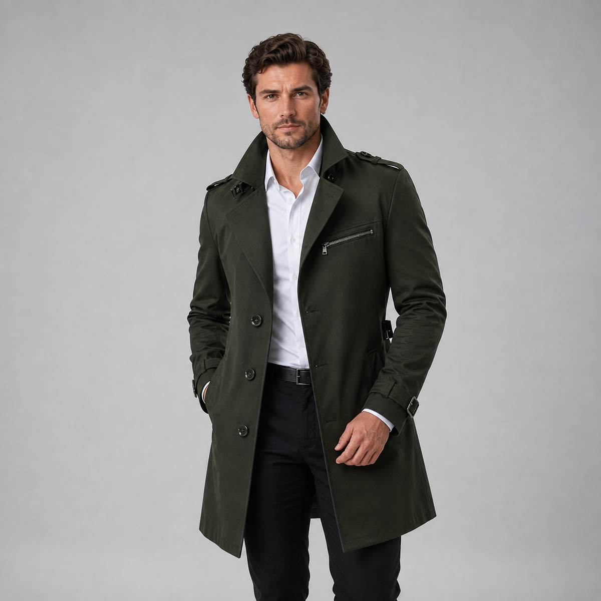 Herren Trenchcoat Slim Fit – eleganter Übergangsmantel mit Schulterklappen und Ärmelriegeln