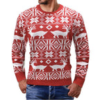 Herren Norweger Weihnachtspullover Rot mit Rentier – Strickpullover, Winter, Rundhals
