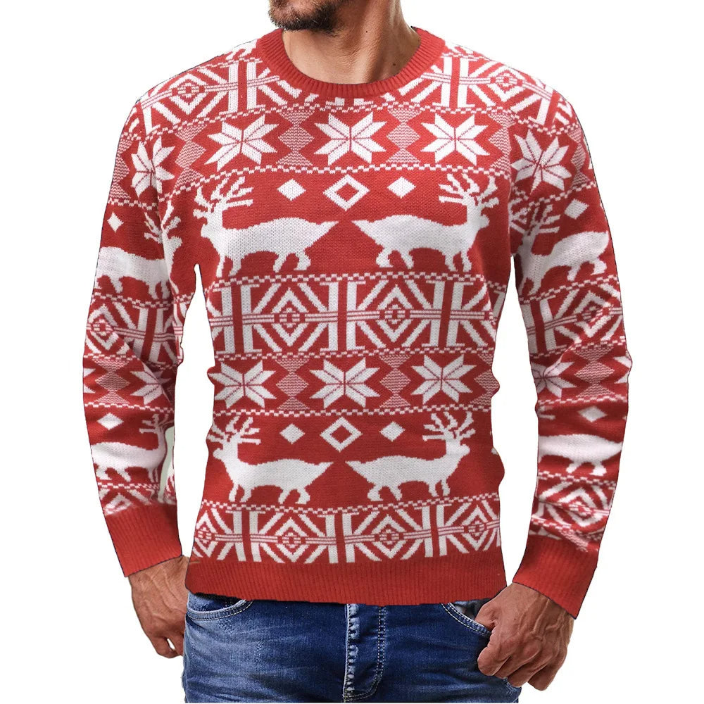 Herren Norweger Weihnachtspullover Rot mit Rentier – Strickpullover, Winter, Rundhals