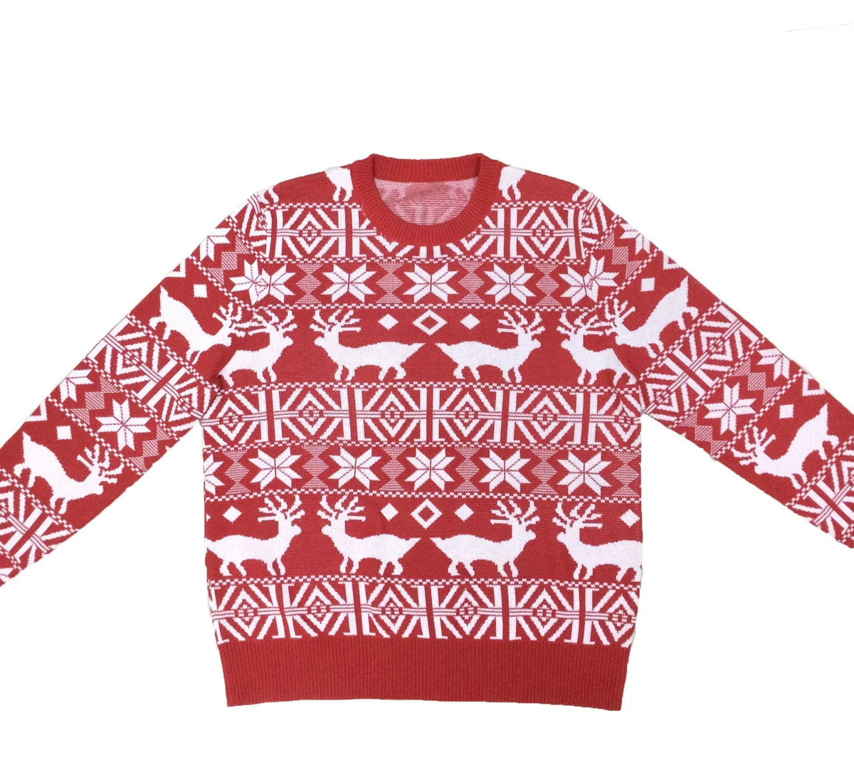 Herren Norweger Weihnachtspullover Rot mit Rentier – Strickpullover, Winter, Rundhals