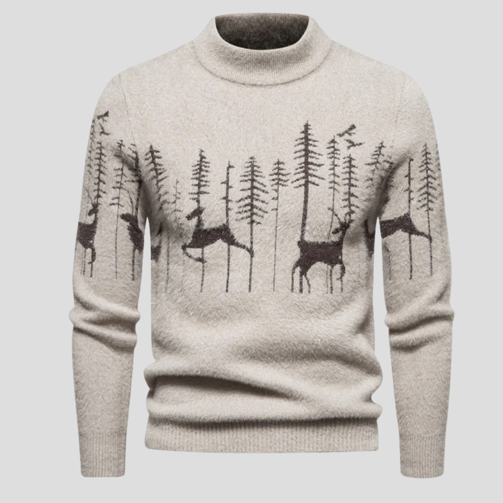 Herren Weihnachtspullover mit Rentier & Wald – Strickpullover mit Stehkragen, Winter