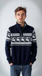 Herren Norweger Weihnachtspullover mit Rentier – Troyer Strickpullover mit Halbreißverschluss, Winter