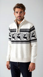 Herren Norweger Weihnachtspullover mit Rentier – Troyer Strickpullover mit Halbreißverschluss, Winter