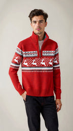 Herren Norweger Weihnachtspullover mit Rentier – Troyer Strickpullover mit Halbreißverschluss, Winter