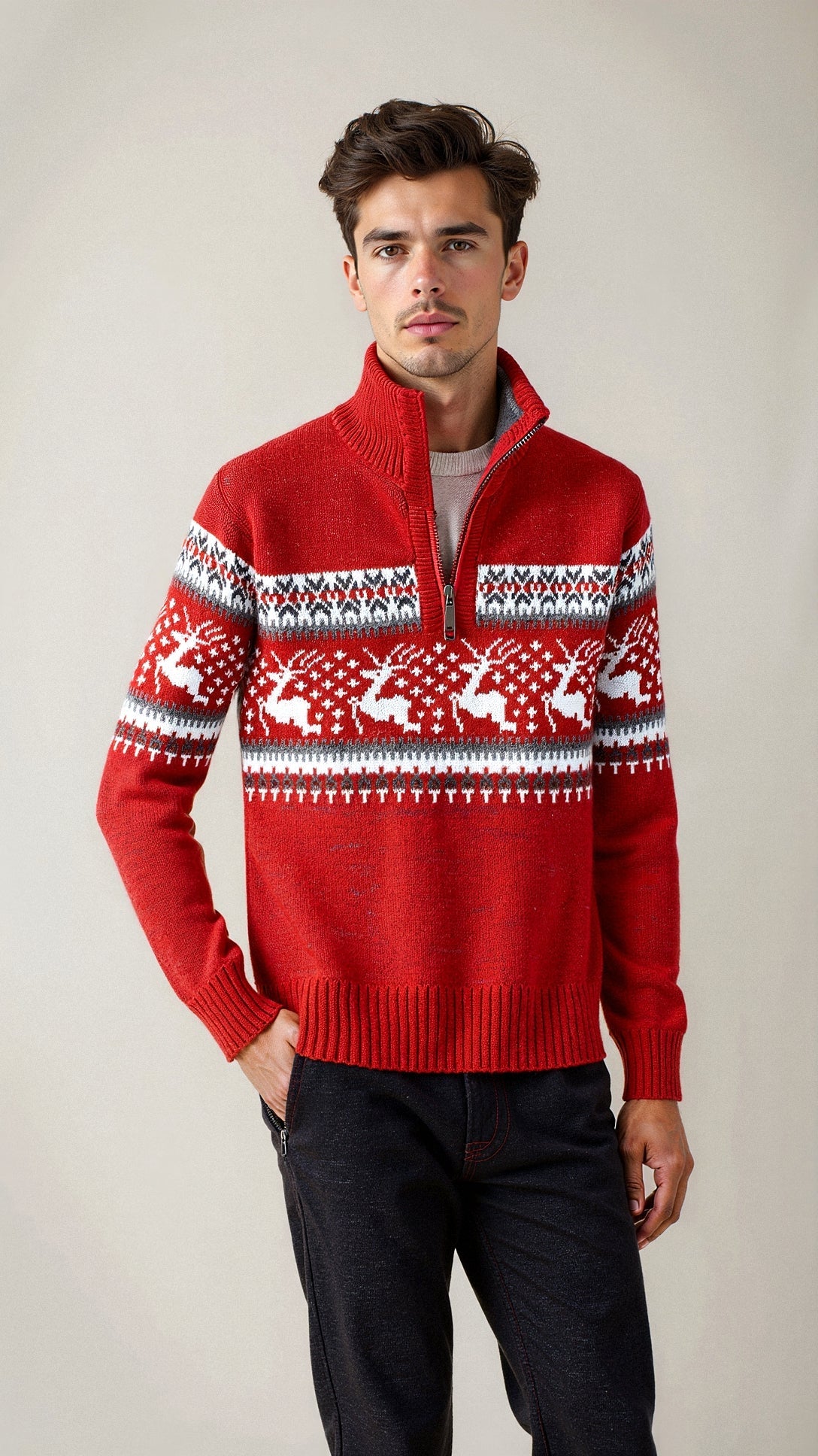 Herren Norweger Weihnachtspullover mit Rentier – Troyer Strickpullover mit Halbreißverschluss, Winter