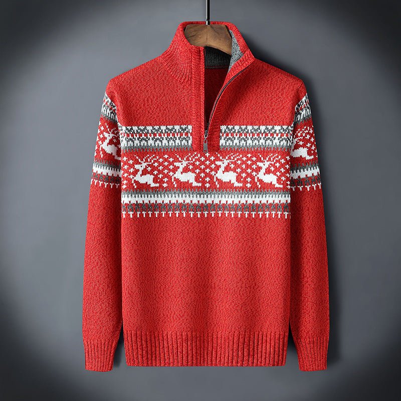 Herren Norweger Weihnachtspullover mit Rentier – Troyer Strickpullover mit Halbreißverschluss, Winter