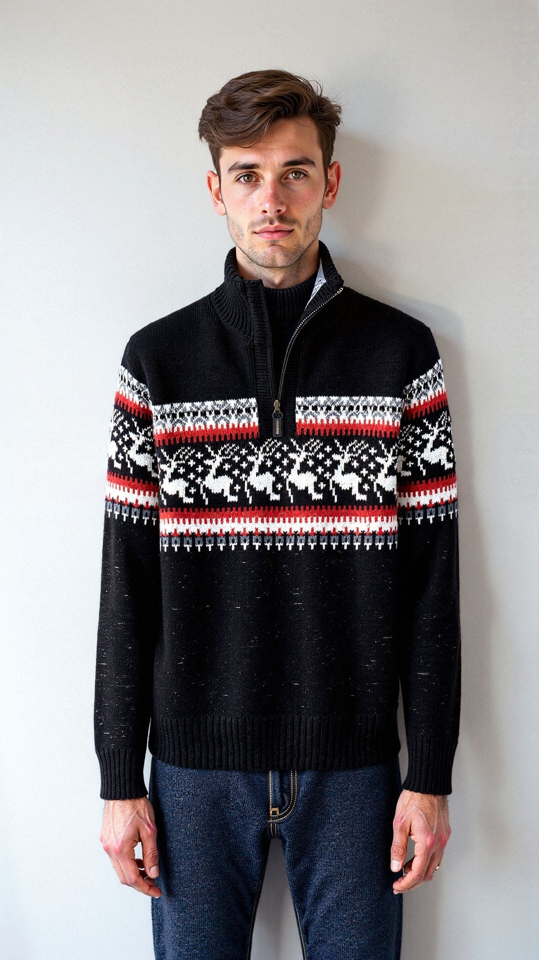 Herren Norweger Weihnachtspullover mit Rentier – Troyer Strickpullover mit Halbreißverschluss, Winter