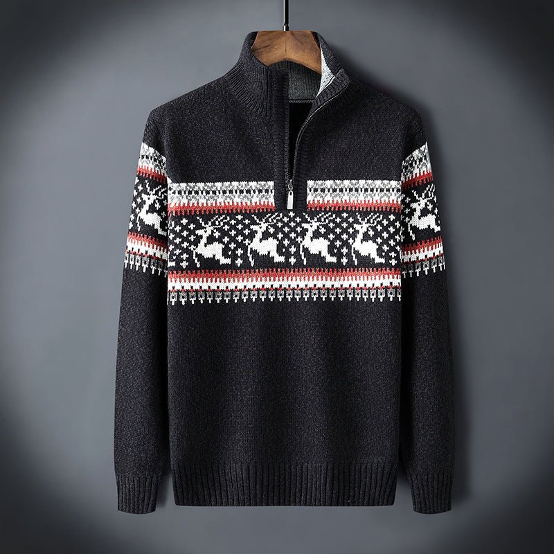 Herren Norweger Weihnachtspullover mit Rentier – Troyer Strickpullover mit Halbreißverschluss, Winter