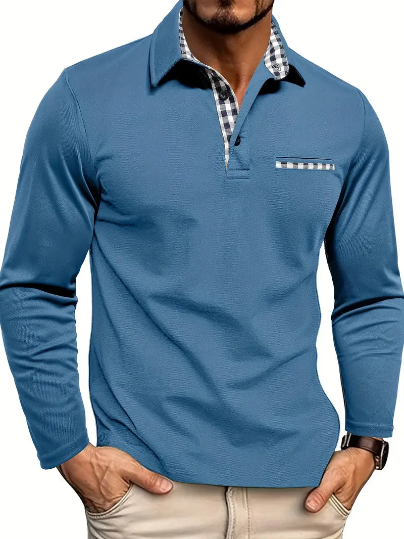 Herren Langarm Poloshirt mit Karo-Kragen und Waffelstruktur
