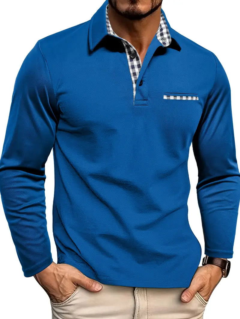 Herren Langarm Poloshirt mit Karo-Kragen und Waffelstruktur