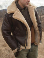 Herren Fliegerjacke Braun mit Teddyfell – Lammleder Winterjacke mit Pelzkragen