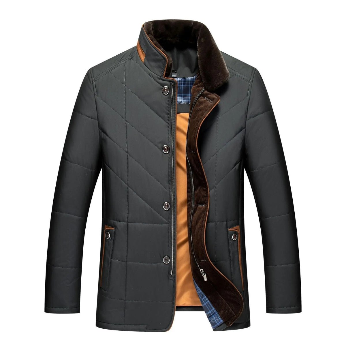 Herren Winter Steppjacke tailliert mit Kunstfellkragen – elegante Winterjacke mit Stehkragen