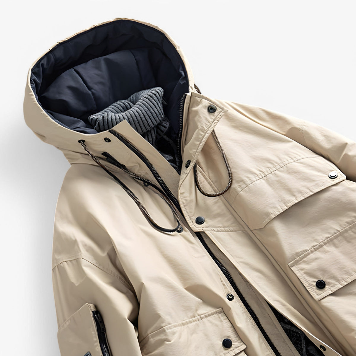 Herren Winterparka wattiert und wasserdicht mit Kapuze – Outdoor Jacke im Cargo-Stil
