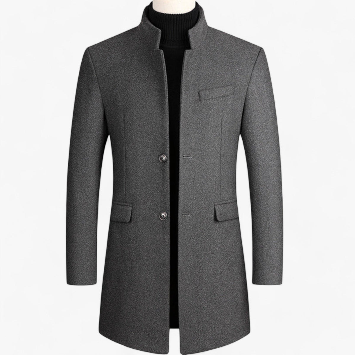 Herren Winter Wollmantel knielang mit Stehkragen und Pattentaschen