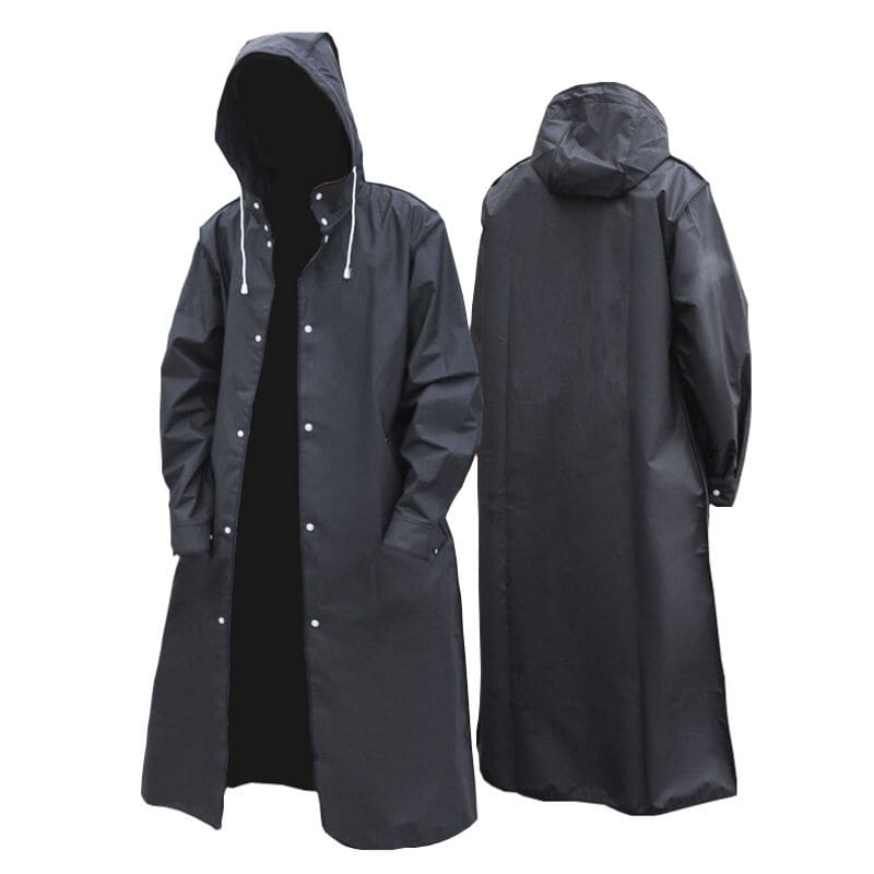 Herren Regenmantel Schwarz mit Kapuze – Langer Wasserabweisender Regenparka