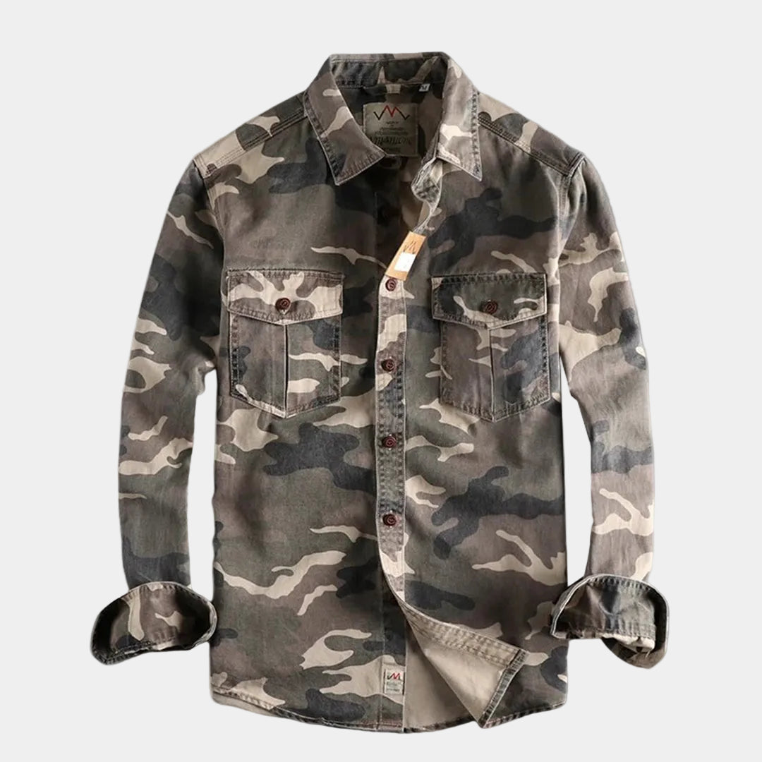Herren Camo Hemd Military Style mit zwei Brusttaschen – Langarm Hemdjacke