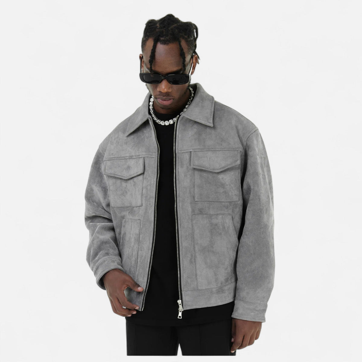 Herren Suede Jacke Oversize in Wildlederoptik – Übergangsjacke mit Pattentaschen