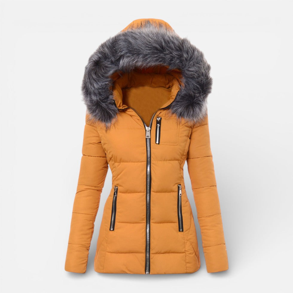 Damen Steppjacke mit Kapuze und Kunstfellkragen