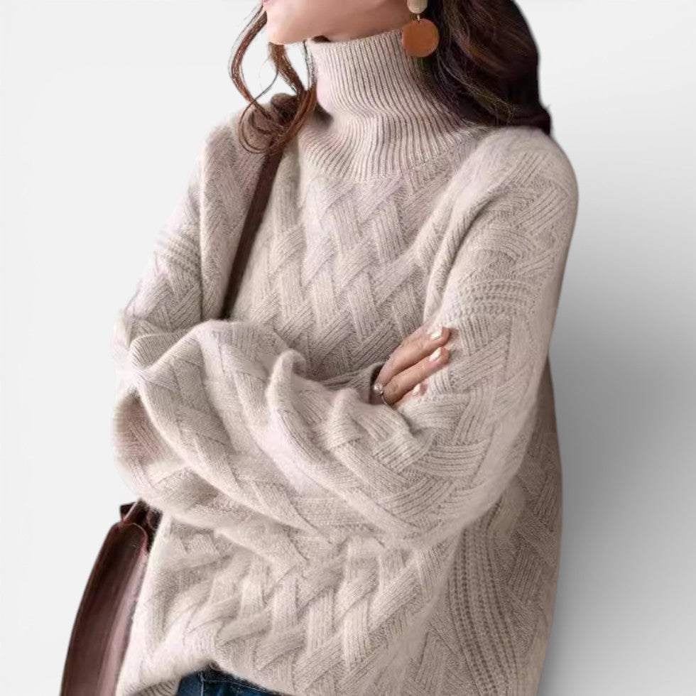 Kaschmir Damen Strickpullover mit Rollkragen und Zopfmuster