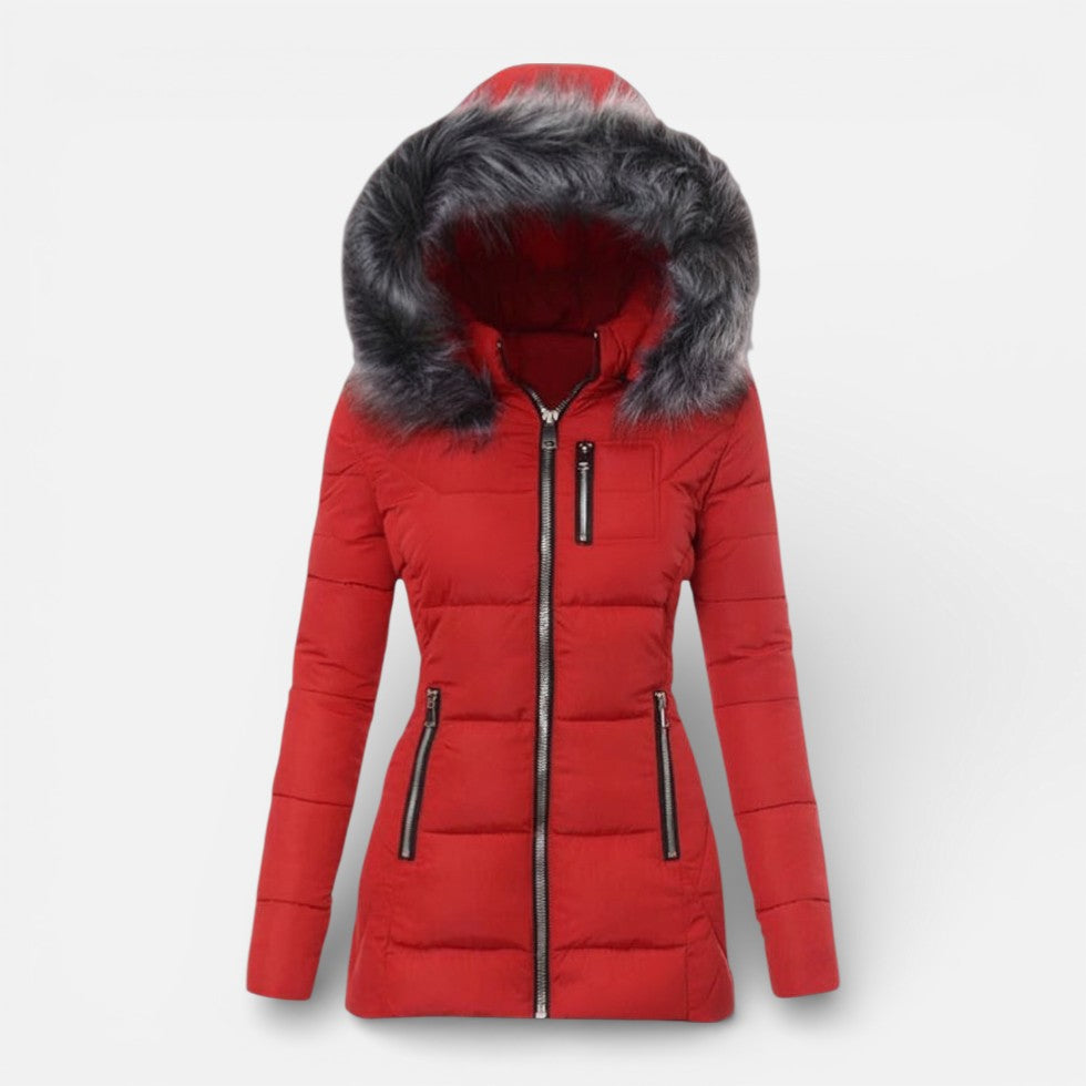 Damen Steppjacke mit Kapuze und Kunstfellkragen