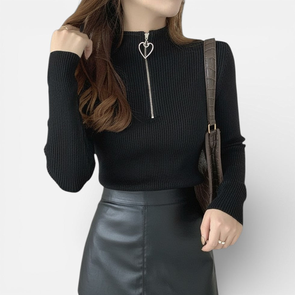 Damen Strickpullover mit Stehkragen und Herzförmiger Reissverschluss